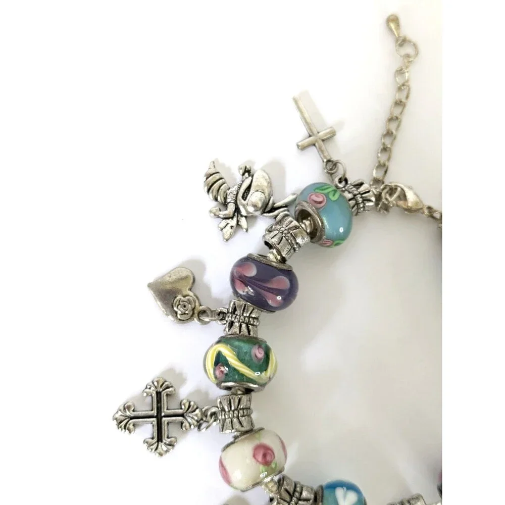Murano Style Glass Bead Charm Slide Bracelet 6.5